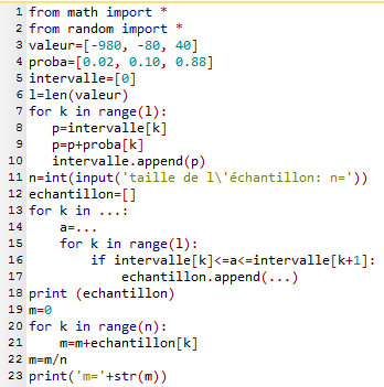 programme incomplet en Python simulant E(X)